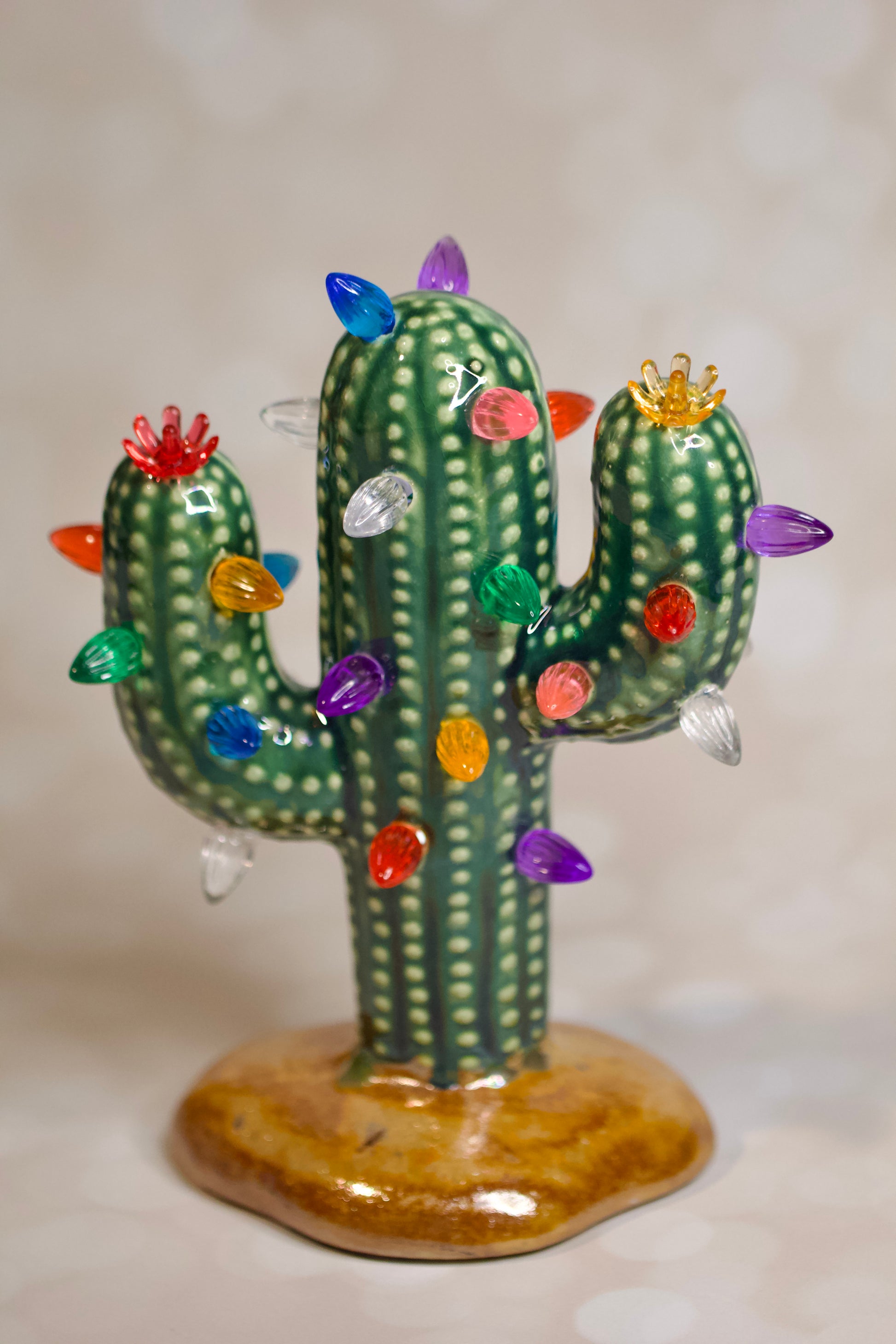 Handmade ceramic Christmas cactus tree, multicolored lights, and cordless LED glow, 8.5-inch vintage-inspired holiday decor