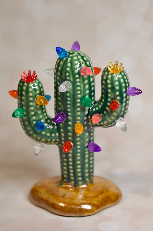 Handmade ceramic Christmas cactus tree, multicolored lights, and cordless LED glow, 8.5-inch vintage-inspired holiday decor