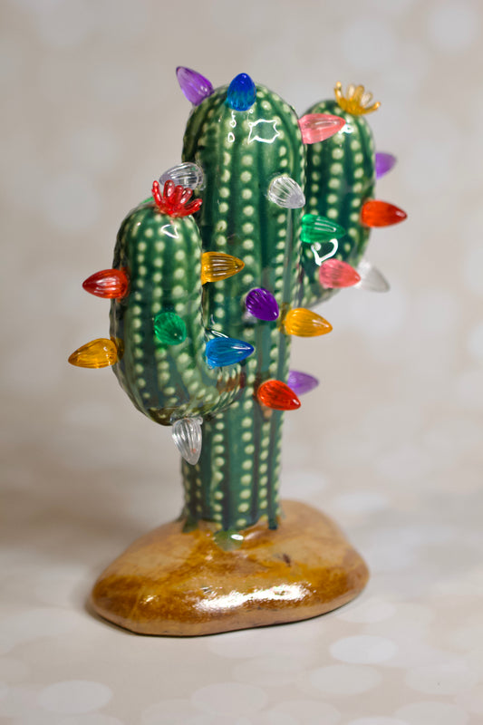 Handmade ceramic Christmas cactus tree, multicolored lights, and cordless LED glow, 8.5-inch vintage-inspired holiday decor
