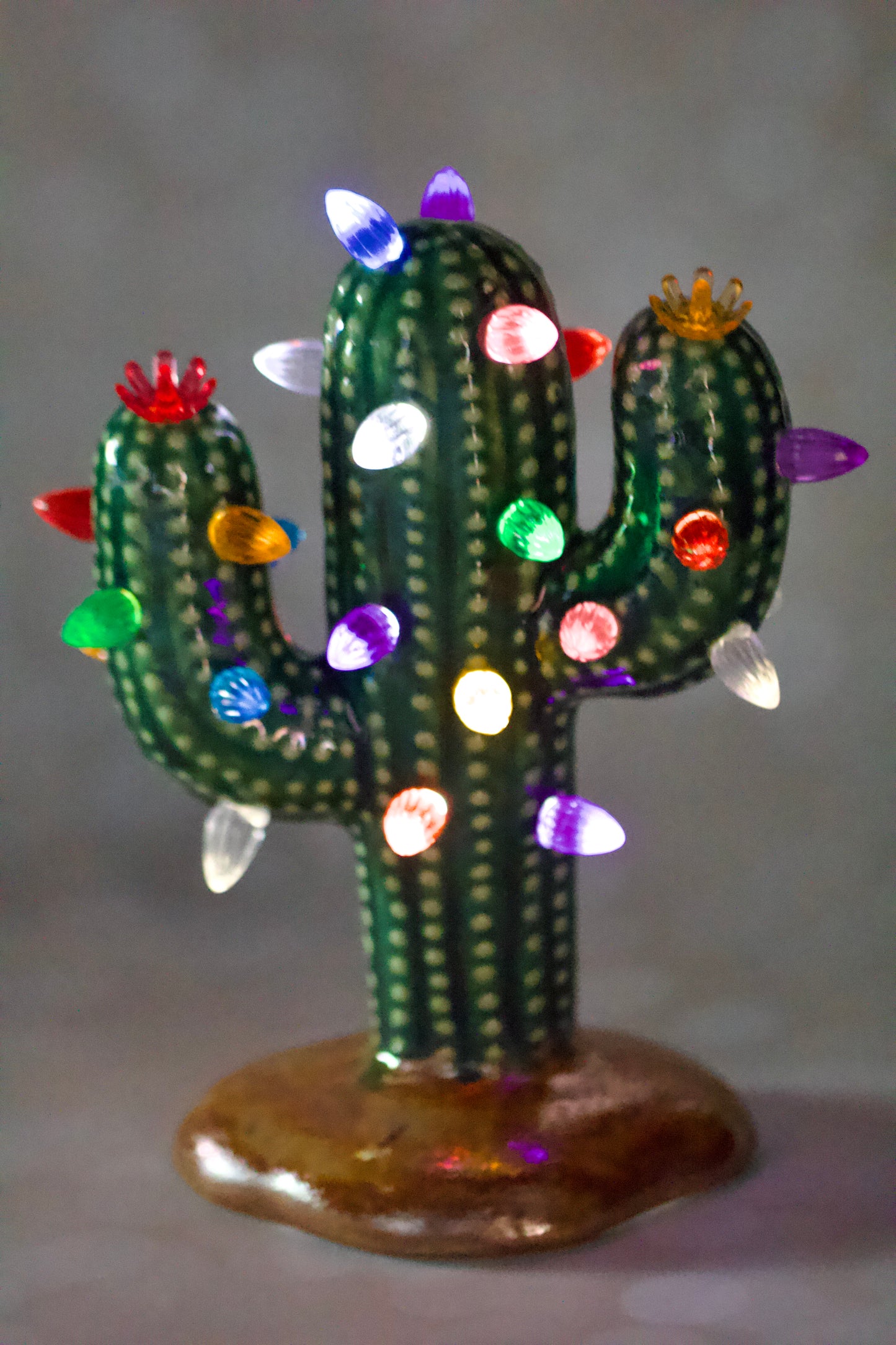 Handmade ceramic Christmas cactus tree, multicolored lights, and cordless LED glow, 8.5-inch vintage-inspired holiday decor