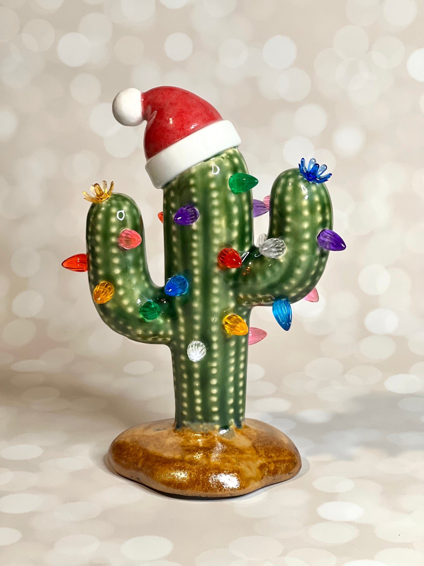 Handmade ceramic Christmas cactus tree with Santa hat, multicolored lights, and cordless LED glow, 8.5-inch vintage-inspired holiday decor