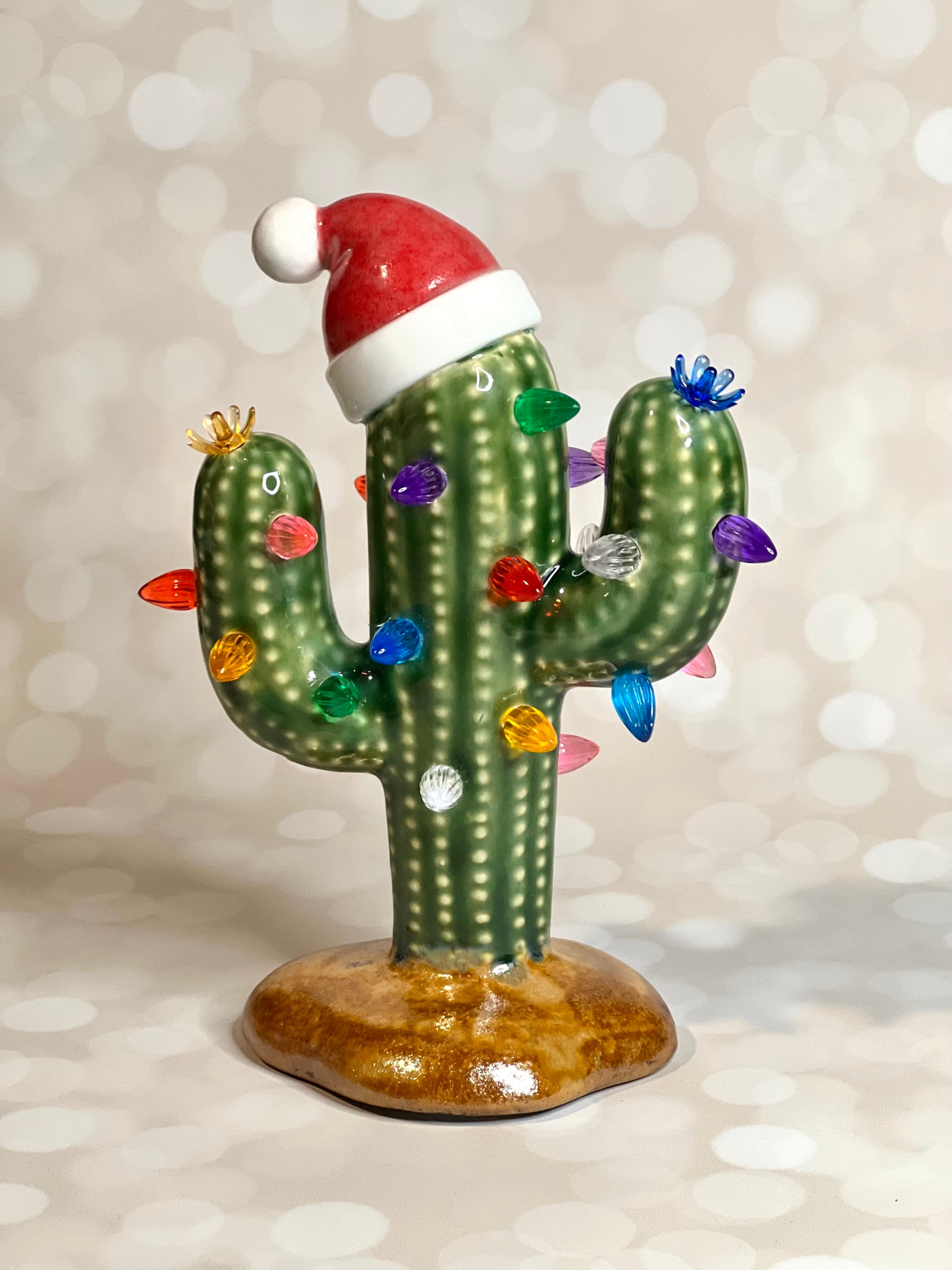 Handmade ceramic Christmas cactus tree with Santa hat, multicolored lights, and cordless LED glow, 8.5-inch vintage-inspired holiday decor
