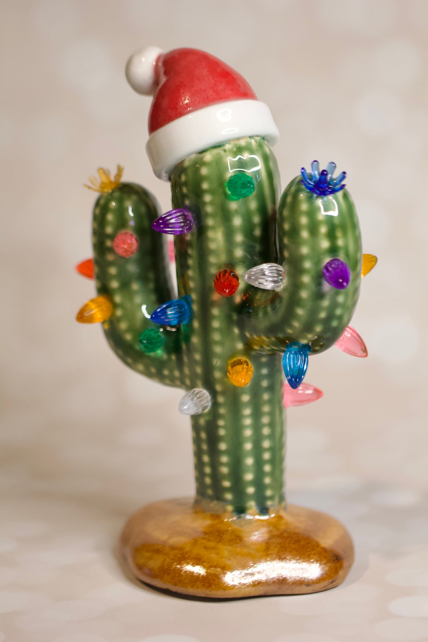 Handmade ceramic Christmas cactus tree with Santa hat, multicolored lights, and cordless LED glow, 8.5-inch vintage-inspired holiday decor