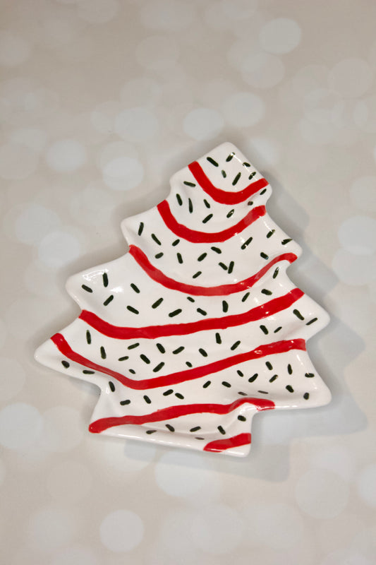 Handmade ceramic Christmas tree dessert plate inspired by Little Debbie  Christmas Tree cakes, white glaze with red and green details. Cookies for Santa.